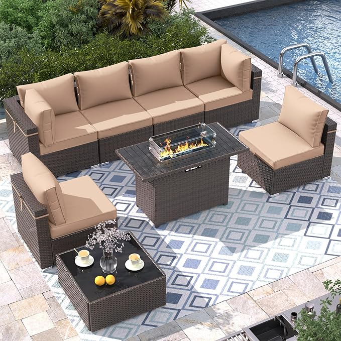 8 Piece Patio Furniture Set with 43" Fire Pit Table, Outdoor Sectional Sofa Set Heavy Duty