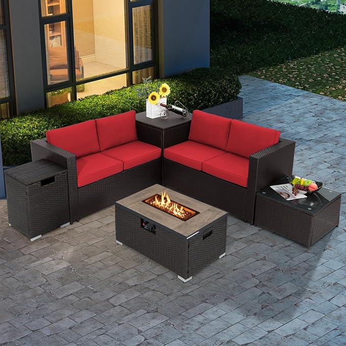 6 Pieces Patio Wicker Furniture Set with 32 Inches Propane Fire Pit Table and Tank Holder