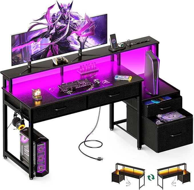 48-Inch Computer Desk with Fabric File Cabinet and Fabric Drawers, Reversible Office Desk