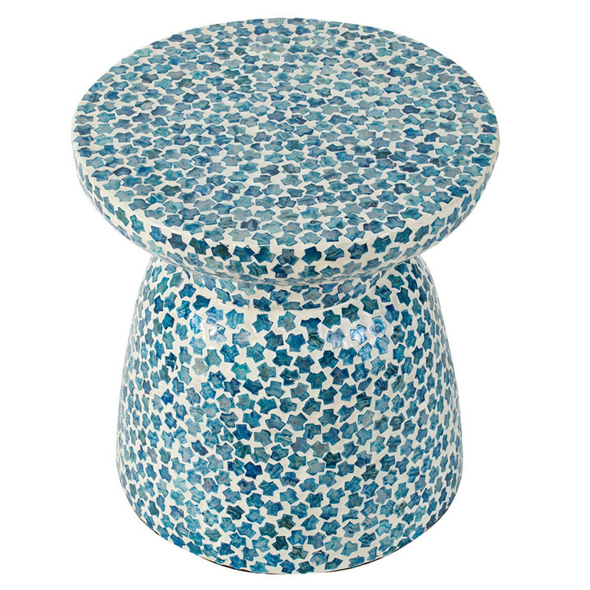 Ivy 16 Inch Round End Side Table, Bamboo Platform, Mosaic, Blue and White