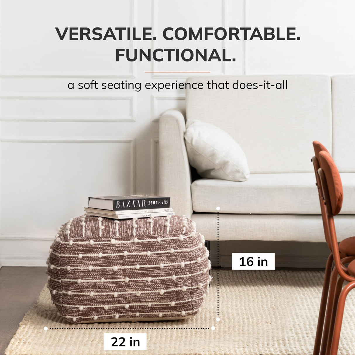 Anji Mountain 100% Handmade & Handcrafted Comfortable Home Décor Pouf Ottoman Footrest for Living Room, Bedroom, Nursery, Kidsroom, Patio Furniture - (22" x 22" x 16"- Red,Ivory)