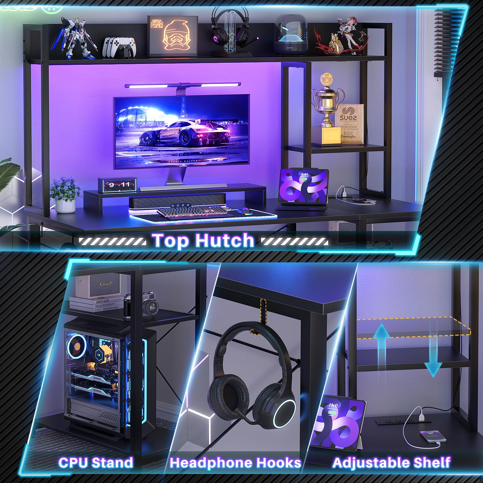 Gaming Desk with Hutch, 47'' Computer Desk with LED Lights & Power Outlets,