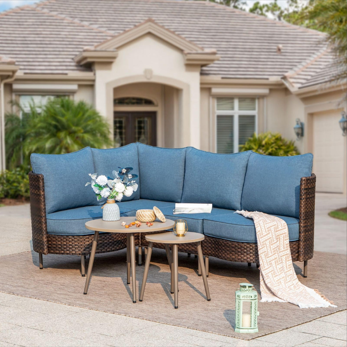 6 Piece Patio Furniture Set, L-Shaped Outdoor Sectional Wicker Patio Furniture