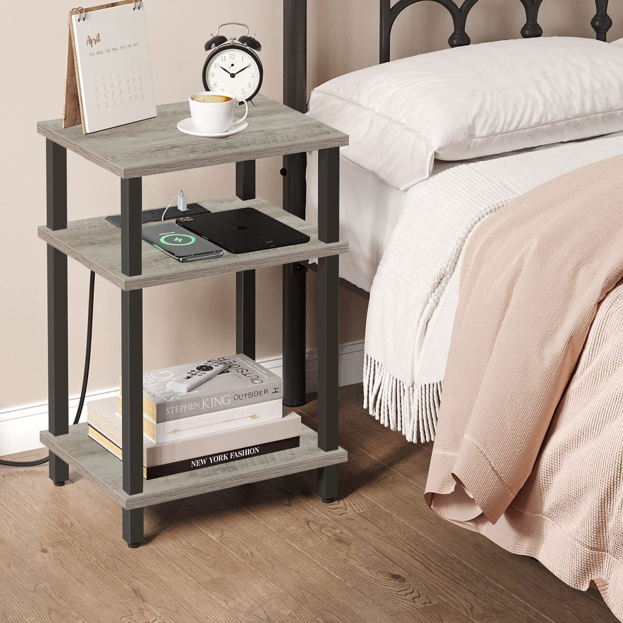 End Table with Charging Station, Side Table with USB Ports and Outlets, Nightstand, 3
