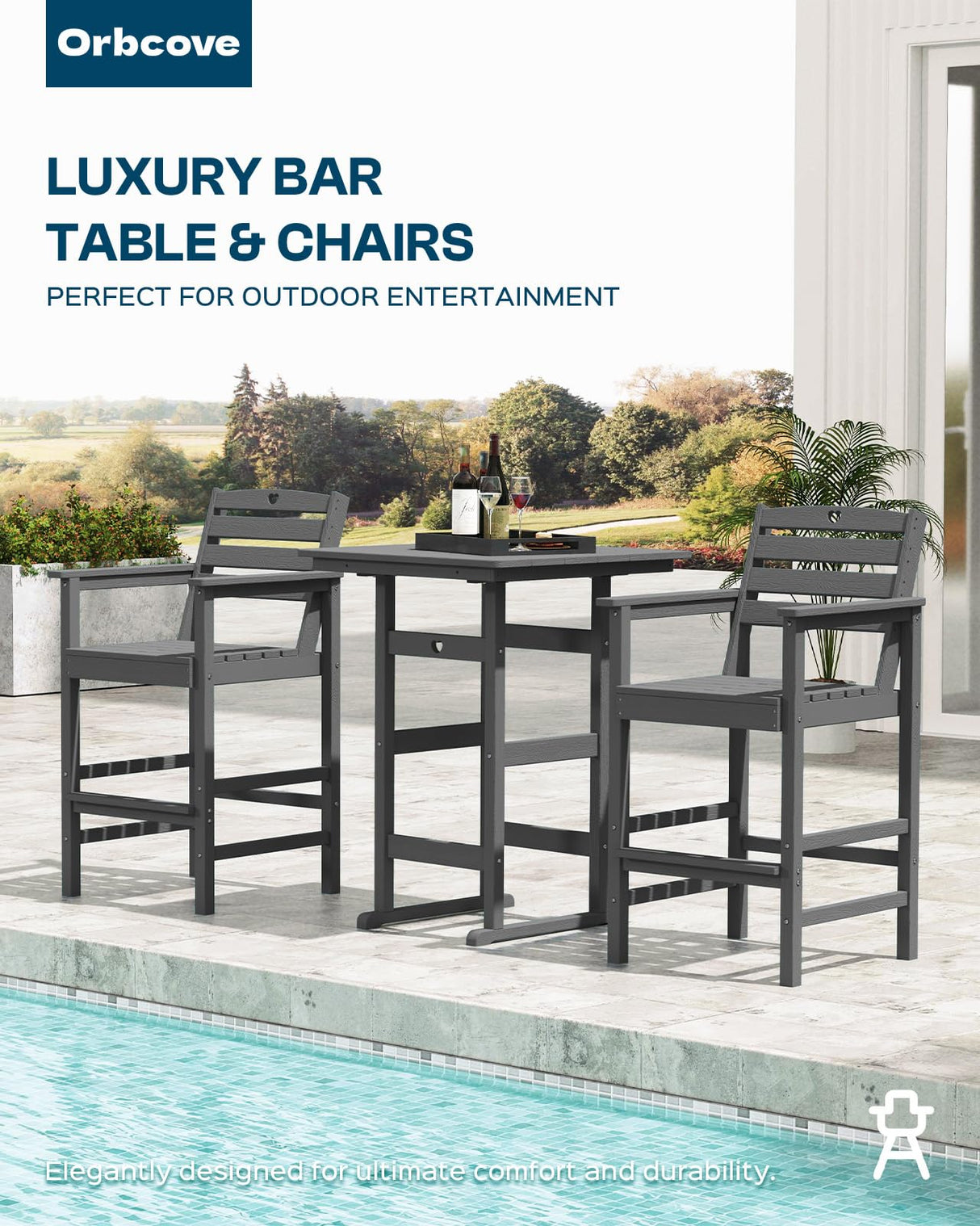 Orbcove 3-Piece Bar Height Patio Table and Chairs Set, HDPE Wood Grain Outdoor Bar Table and Chairs with Heart Cutout Design, Weather-Resistant Bar Height Furniture for Deck, Porch, Pool (Grey)