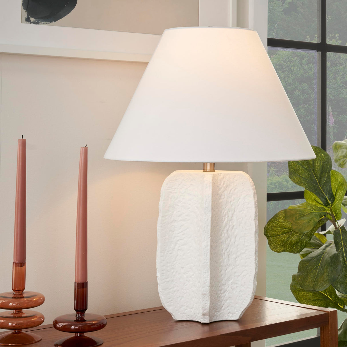 25" White Textured Ceramic Plaster Table Lamp for Bedroom, Living Room
