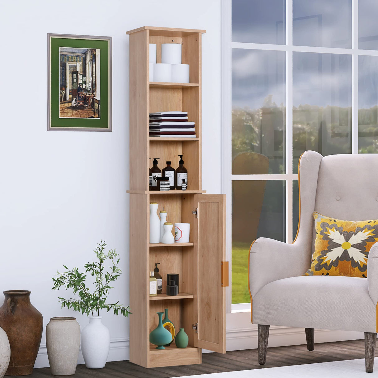 65'' Tall Bathroom Storage Cabinet Organizer Wood Slim Floor Freestanding