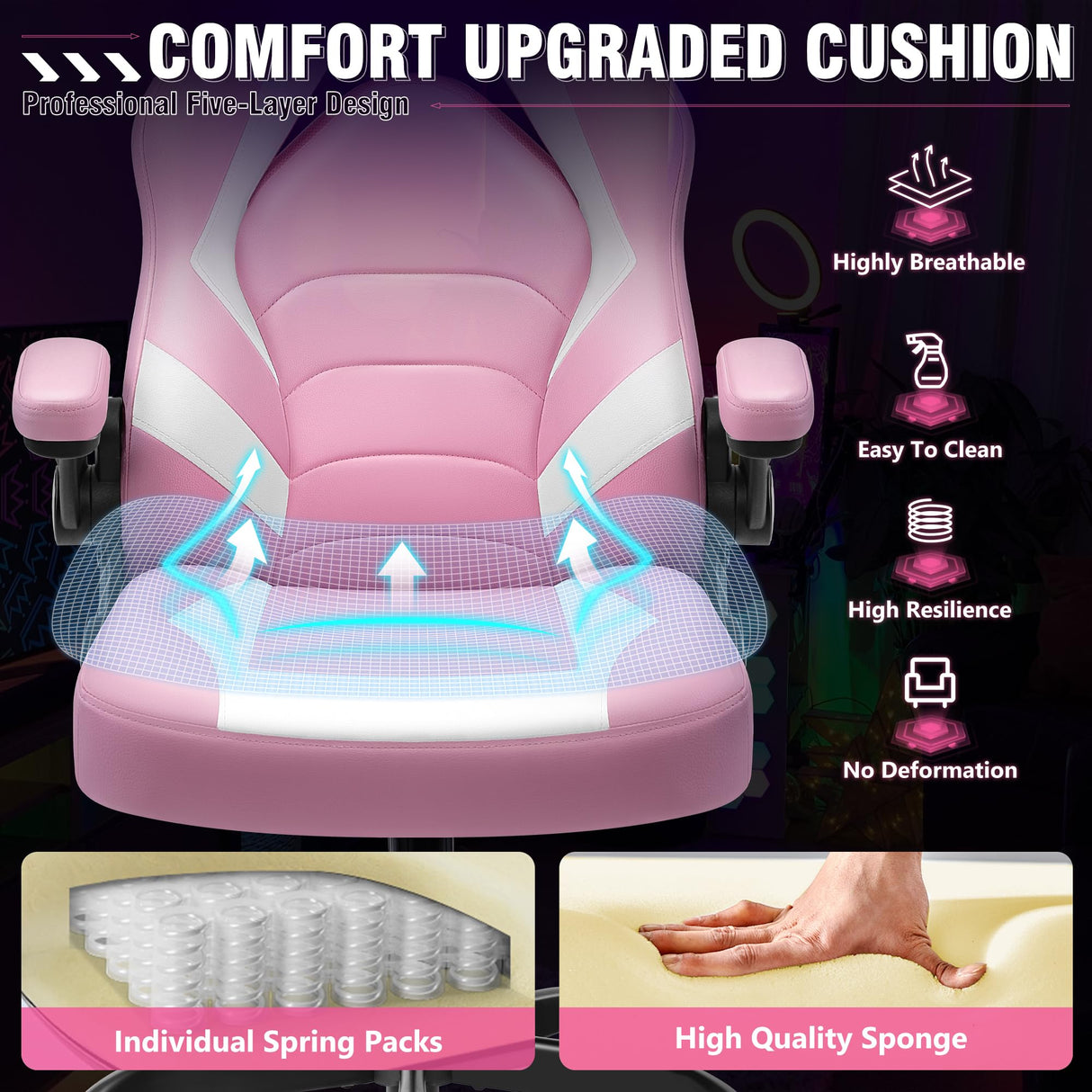 Ergonomic Gaming Chair with Lumbar Support - Pink Leather High-Back Office Chair