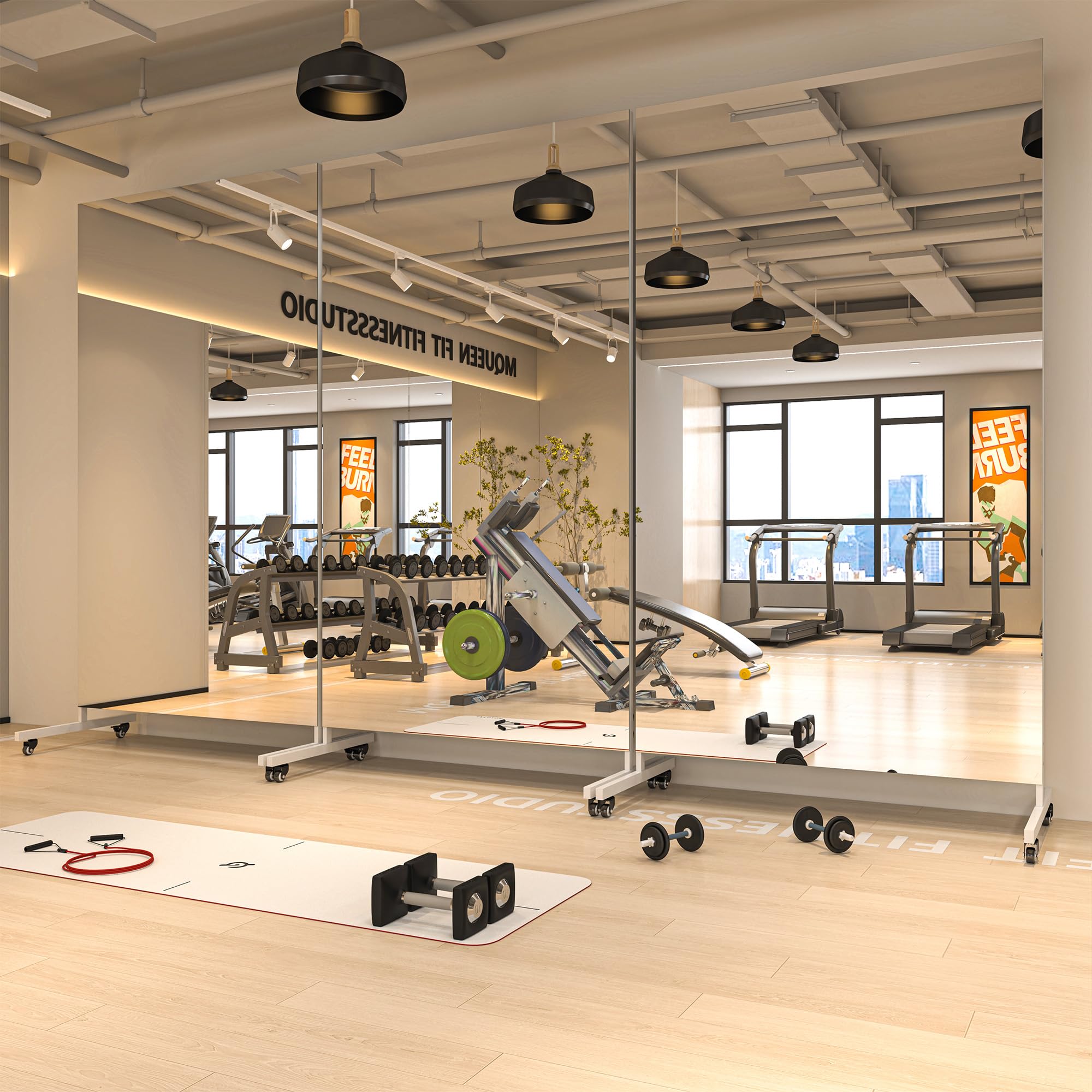 Home Gym Mirror 360° Swivel on Wheels, 67" x 40" Extra Large Full Body Rolling Mirror