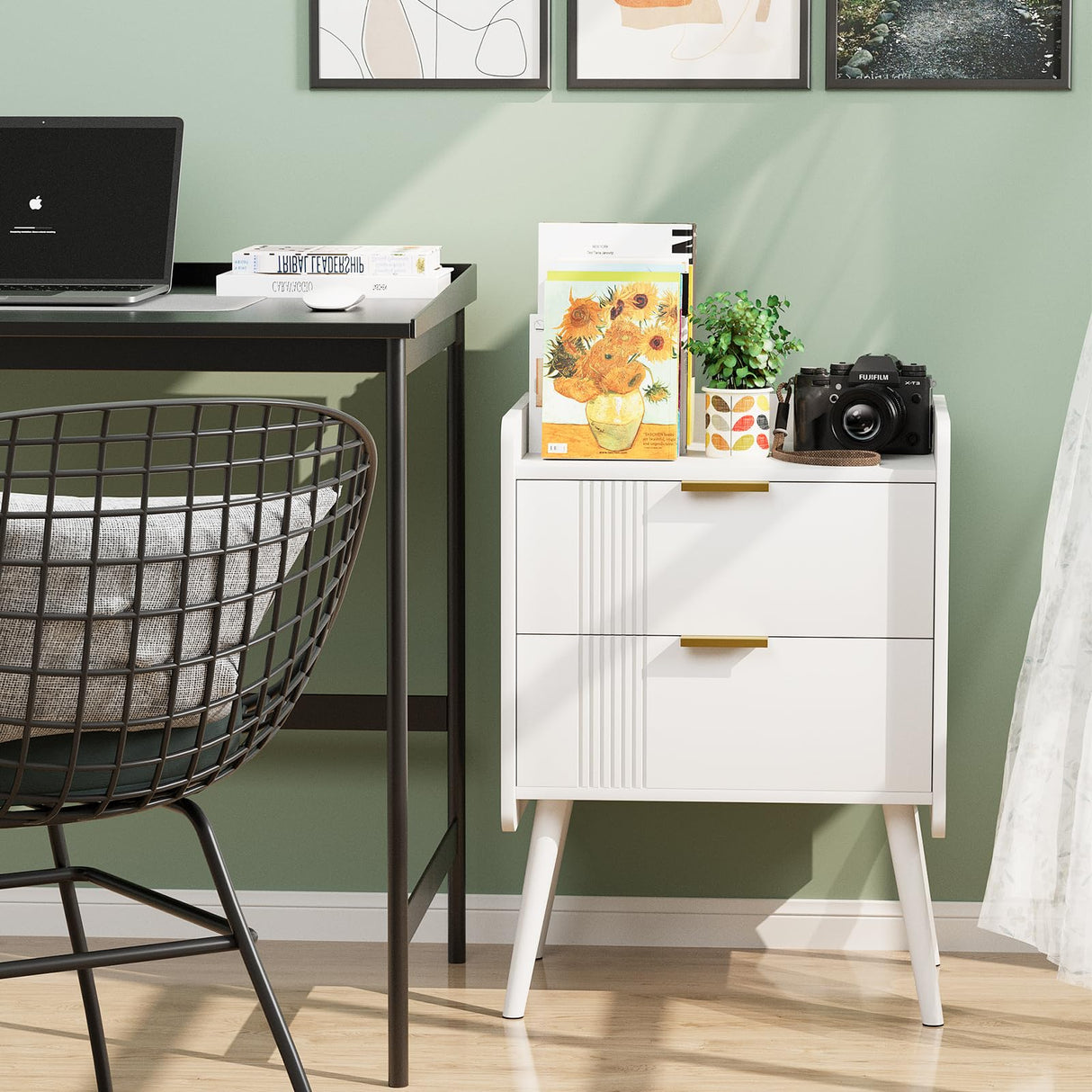 White Nightstand Modern Bedside Table with 2 Storage Drawer, Small Night Stand