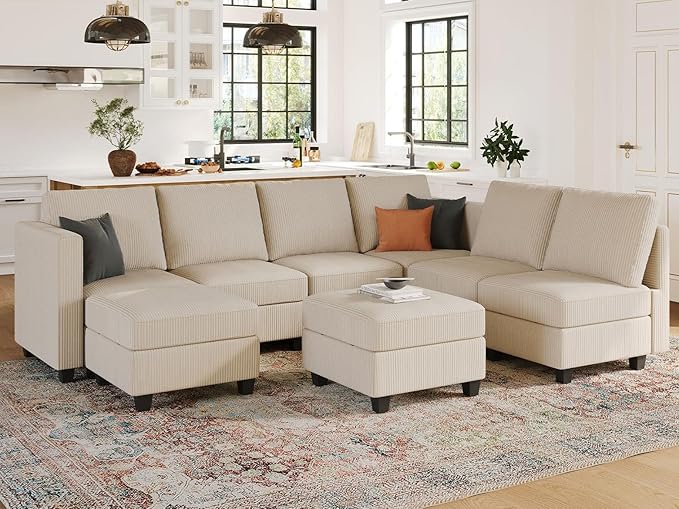 U Shape Couch with Storage Ottoman Corduroy Sectional Couch