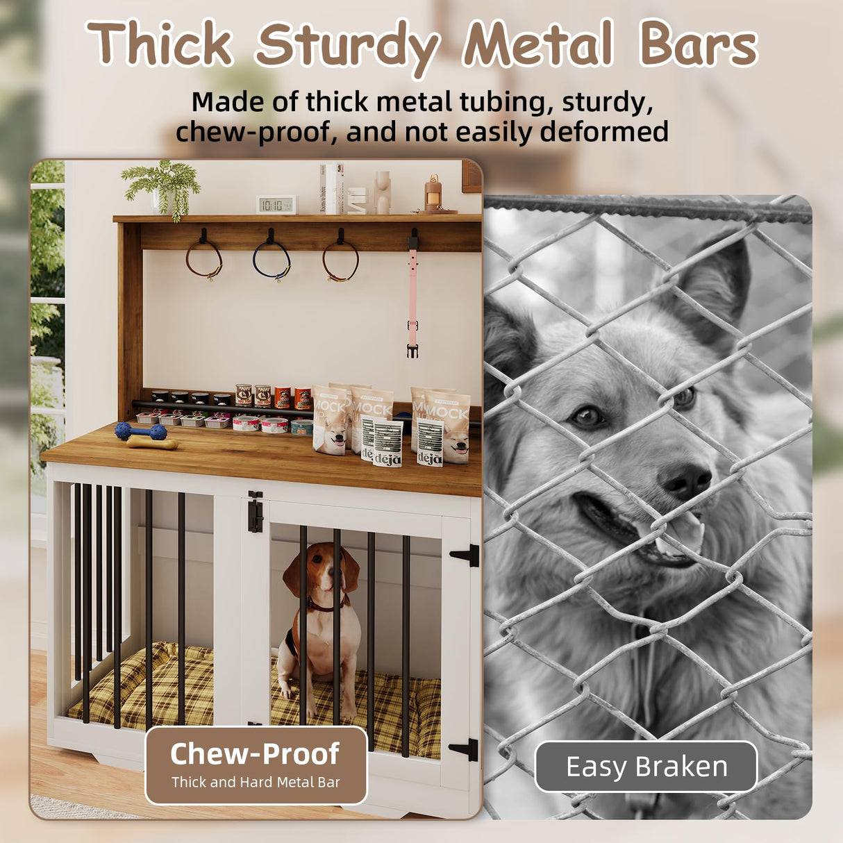 White Wooden Dog Crate Furniture with Storage Shelf & 4 Hooks