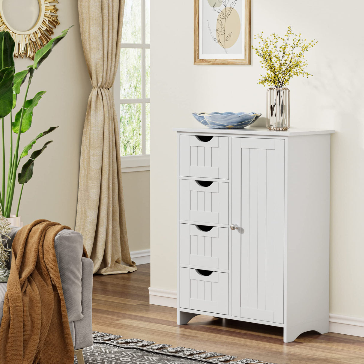 Bathroom Storage Cabinet, Floor Cabinet with 4 Drawers and 1 Adjustable Shelf