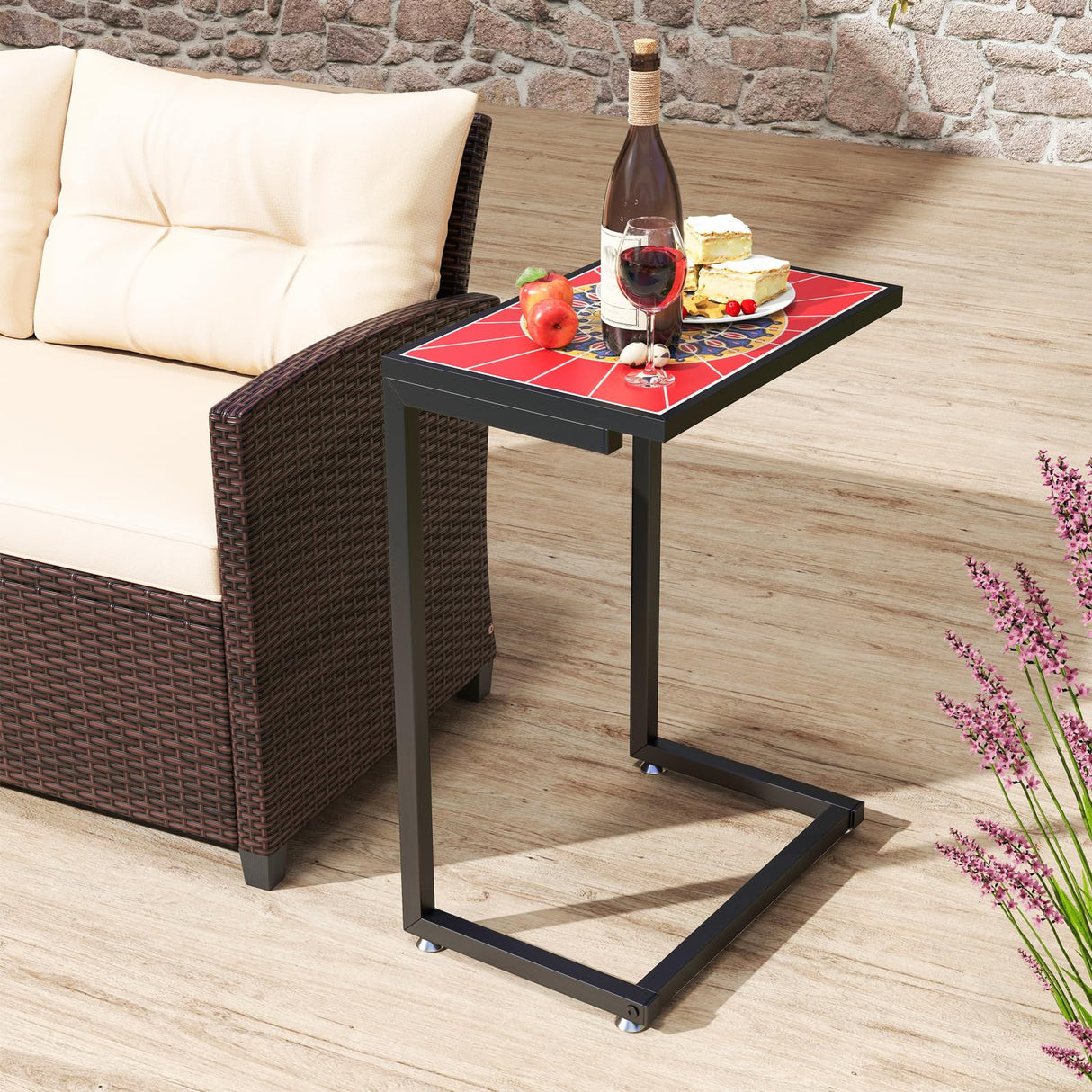 C-Shaped Outdoor Side Table, w/Ceramic Top & Anti-Rust Metal Frame