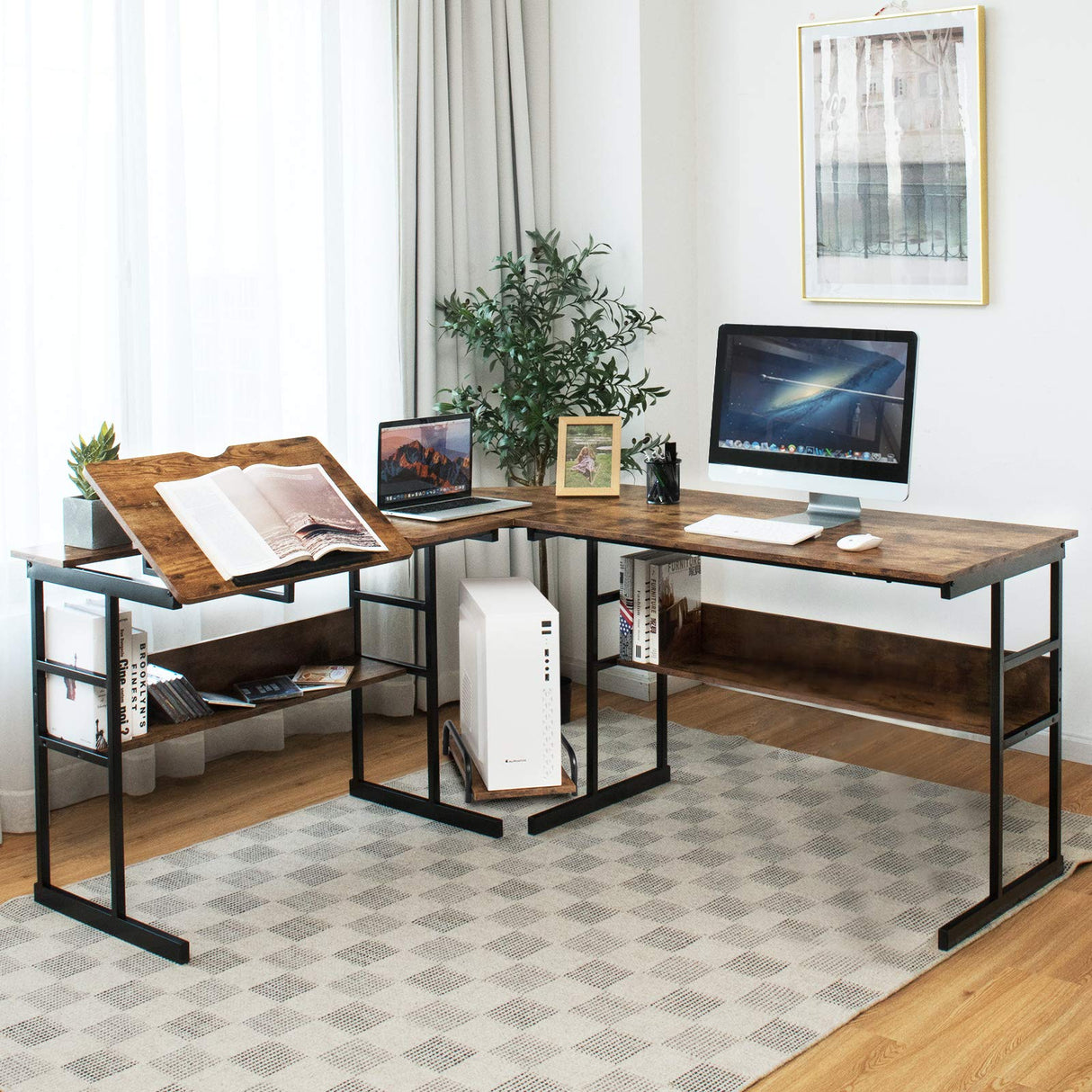 67 Inches L-Shaped Office Desk, Corner Computer Desk with Bottom Bookshelves & CPU