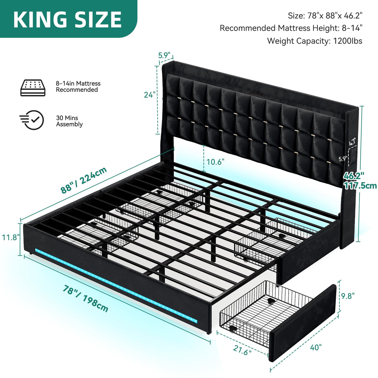 King Size Velvet Platform Bed Frame with LED Lights & Storage Drawers