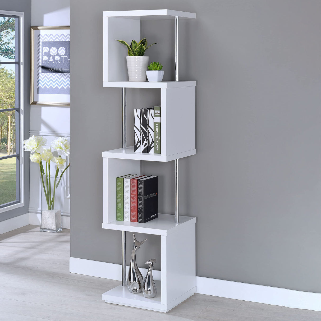Baxter 67-inch 4-Shelf Bookshelf White and Chrome