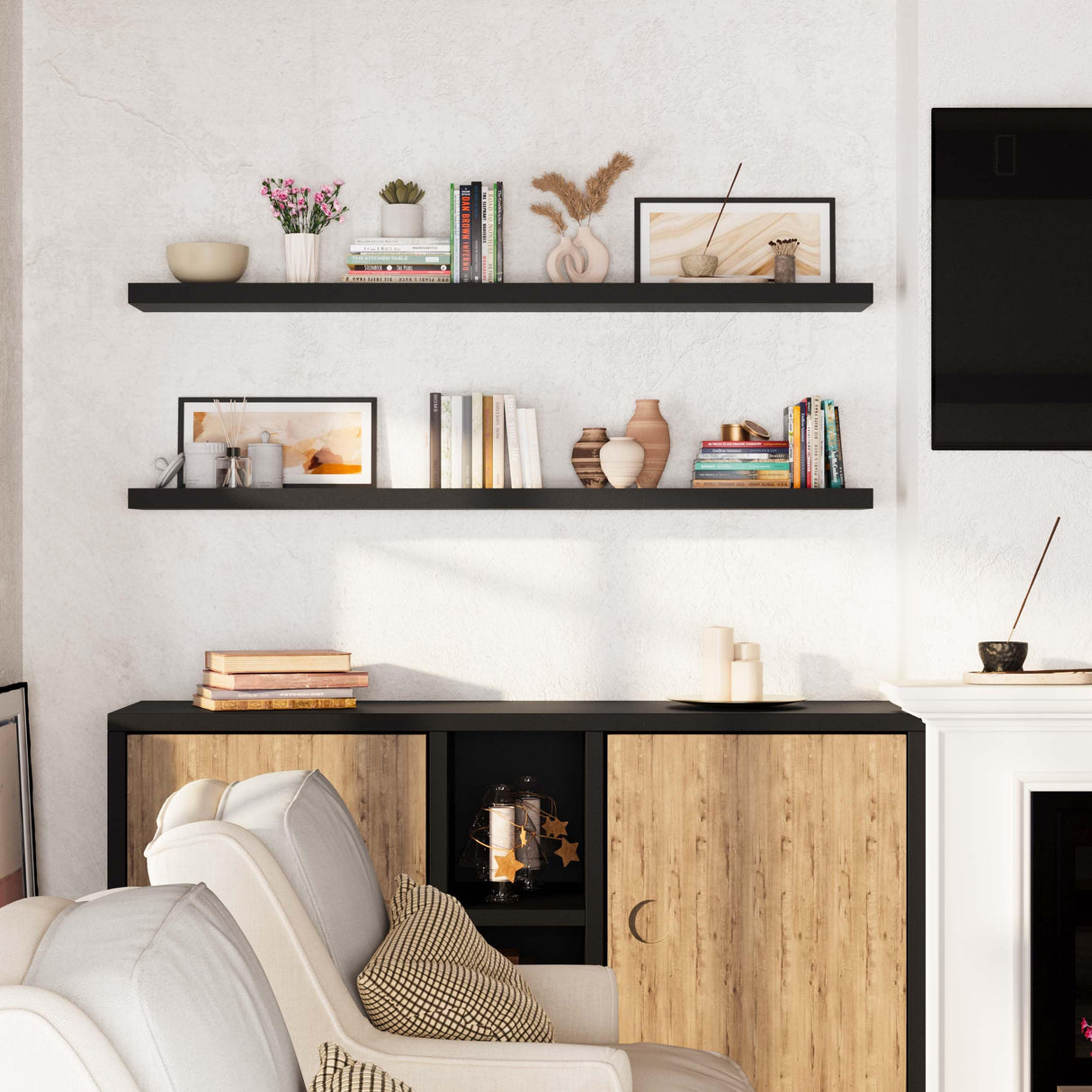 Ronda 72 inch Long Wall Floating Shelf, Black Wall Mounted Book Shelves for Kitchen