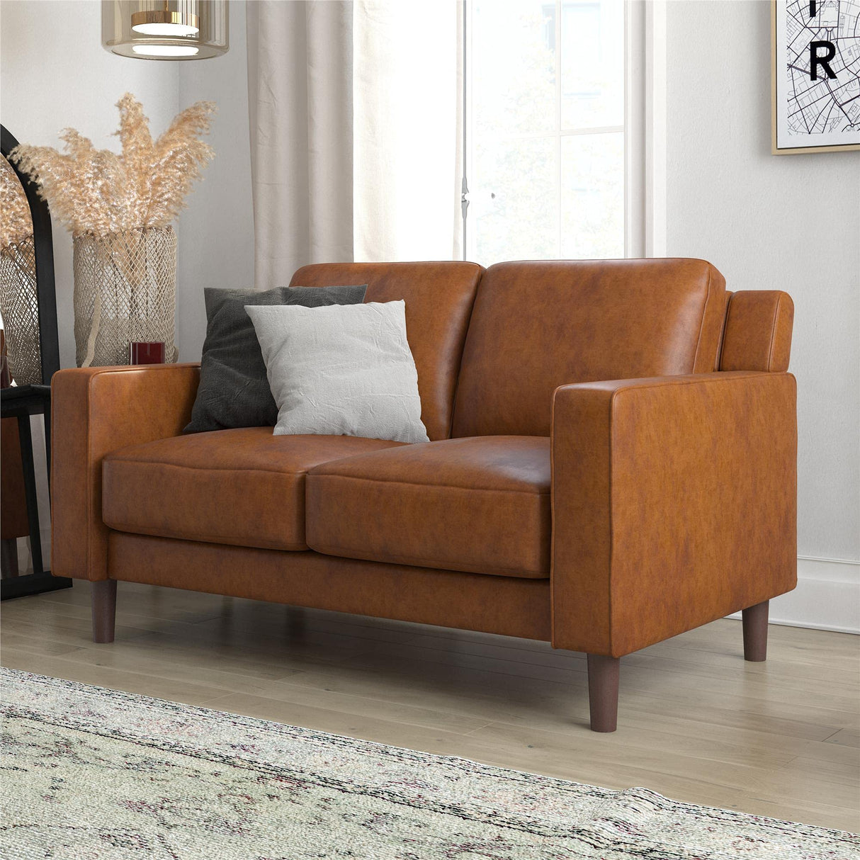 Brienne Loveseat 2 Seater Sofa, Camel Faux Leather