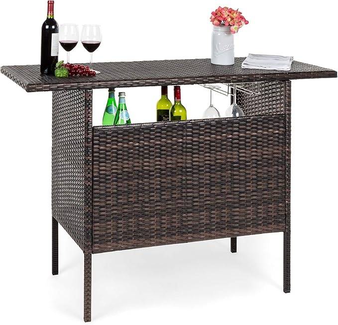 Outdoor Patio Wicker Bar Counter Table Backyard Furniture w/ 2 Steel Shelves and 2 Sets