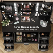 Desk with Mirror, Power Outlet and 10 Lights, Makeup Table with 7 Drawers, 3 Color Modes Available for Bedroom, Dark Black