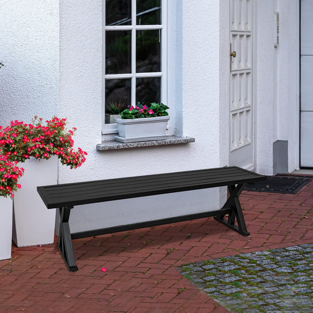 61.2" Outdoor Patio Bench, Metal Slatted Long Benches