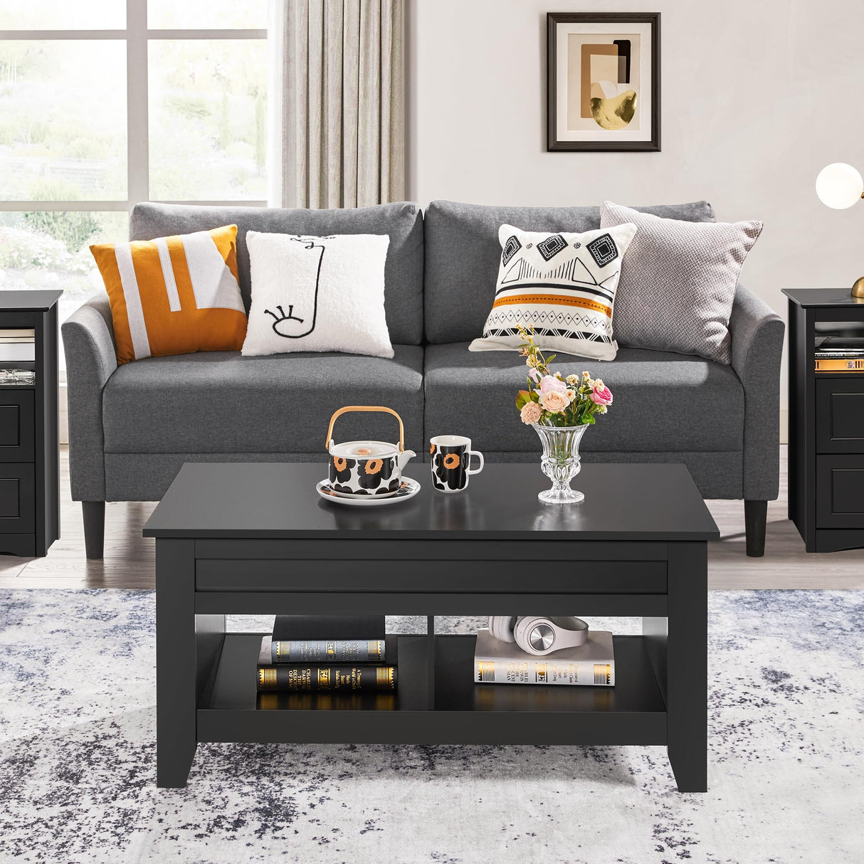 Black Wood Coffee Table Lift Up Coffee Table w/Hidden Storage & 2 Open Shelves