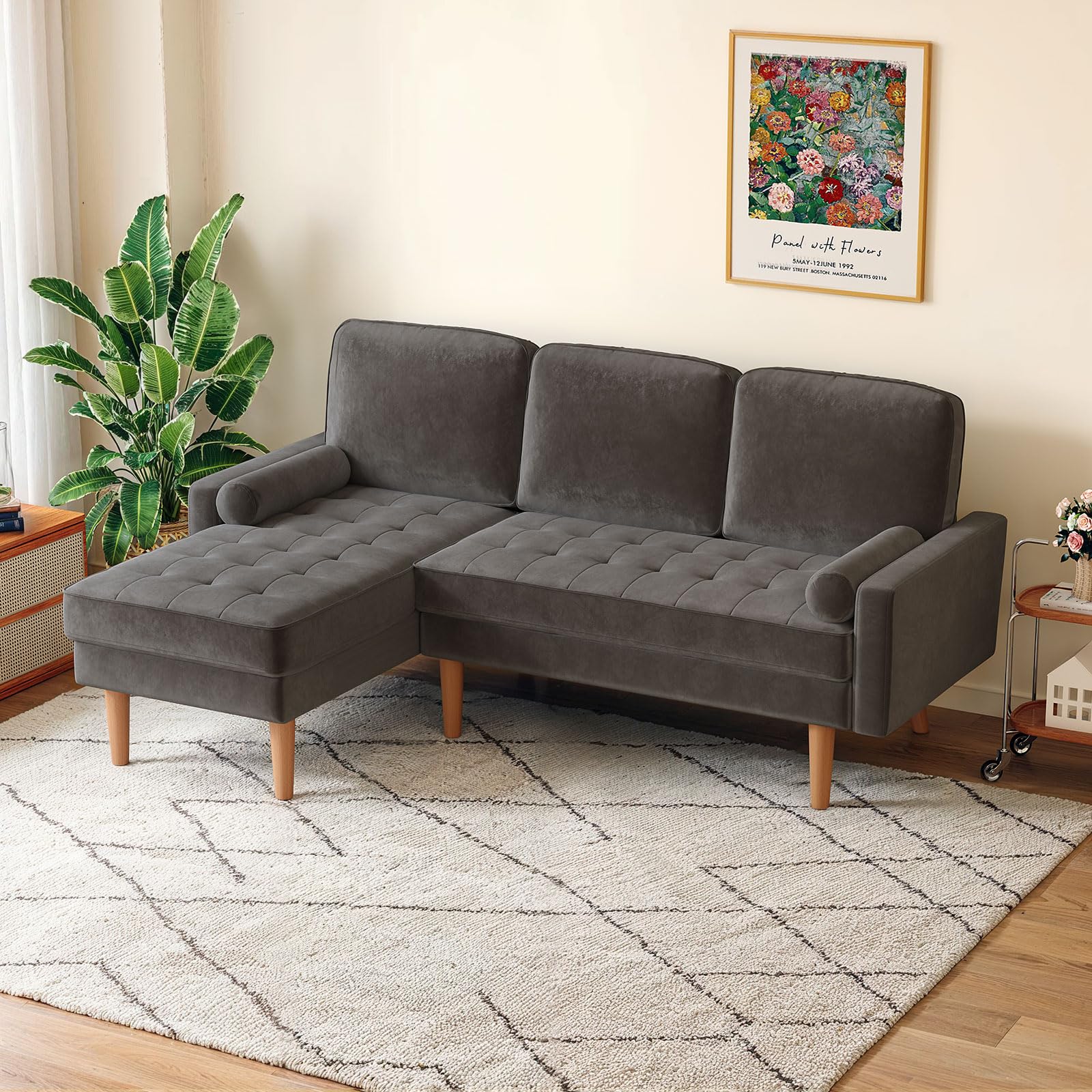 Shaped Couch, Velvet L Shaped Sofa with Convertible Chaise