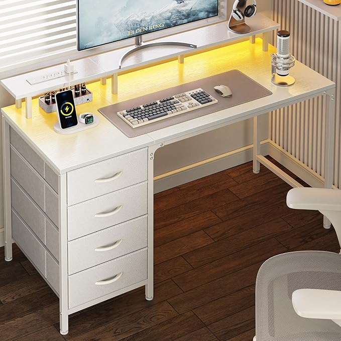 Inch Computer Desk with Power Outlets and LED Lights, Gaming Desk with 4 Drawers, Office Desk with Monitor Stand, Study Desk Work Desk for Home Office, Small Spaces, Black