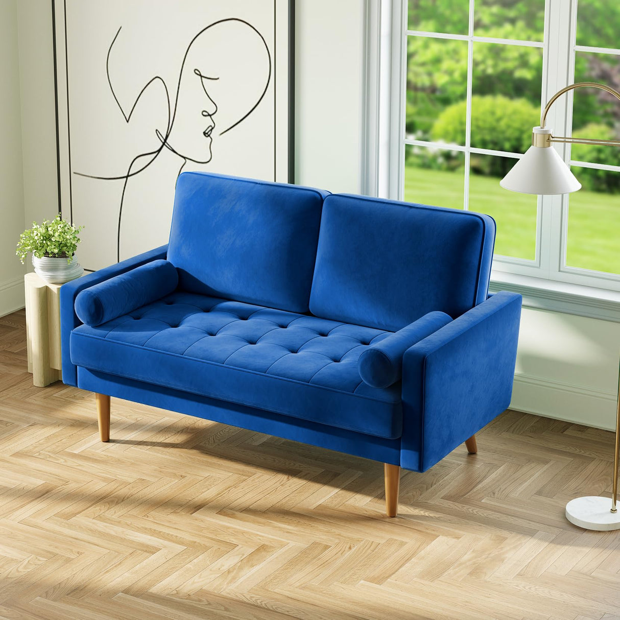 Loveseat Sofa, 58" Blue Velvet Couch Small Couch Love Seat Sofa with Tufted Seat