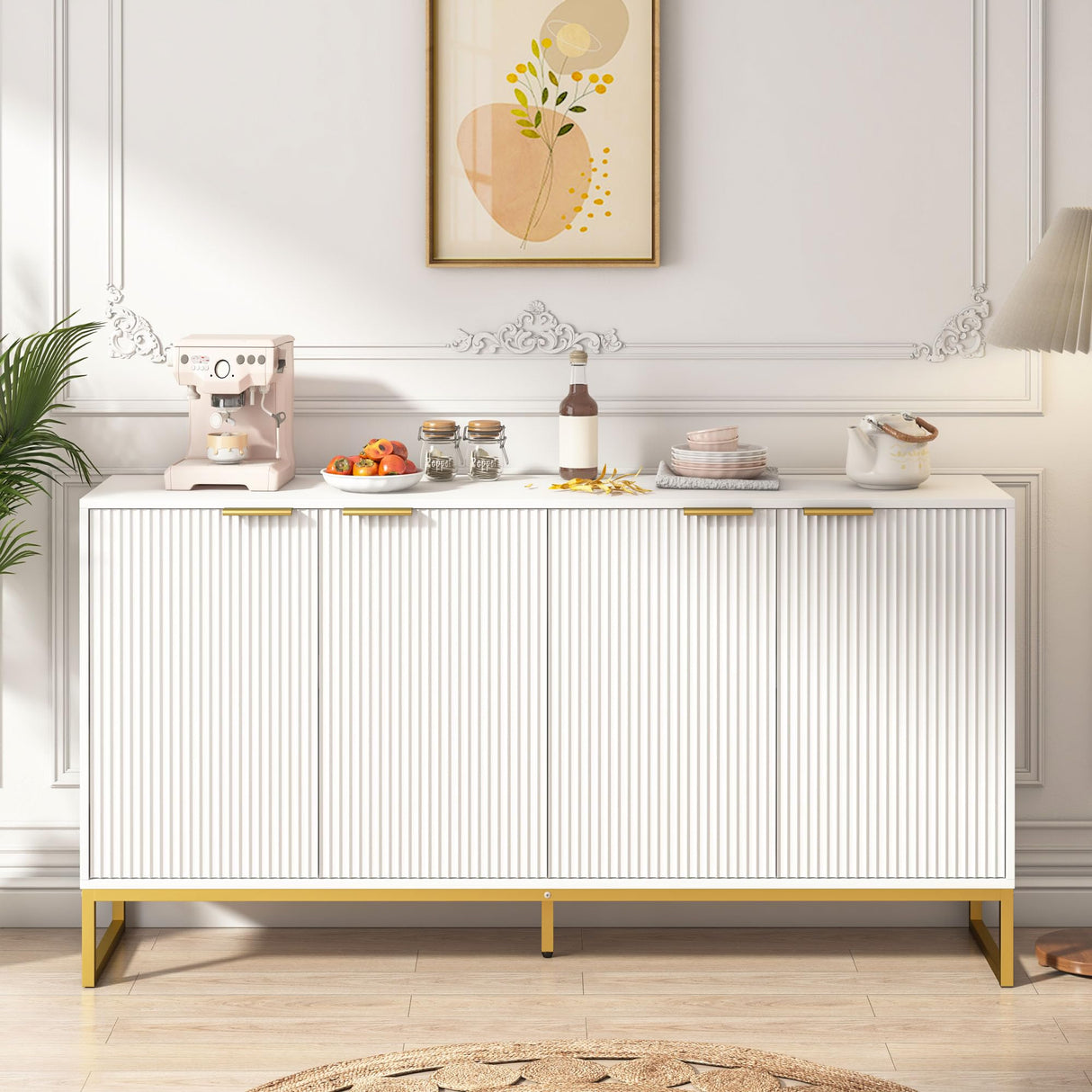Fluted Accent Cabinet, Kitchen Sideboard Buffet Cabinet with 4 Fluted Doors