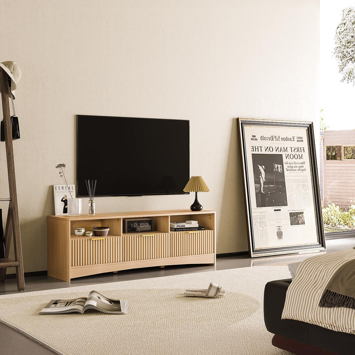 Fluted TV Stand for 50-65" TVs with Drawers and Open Shelf