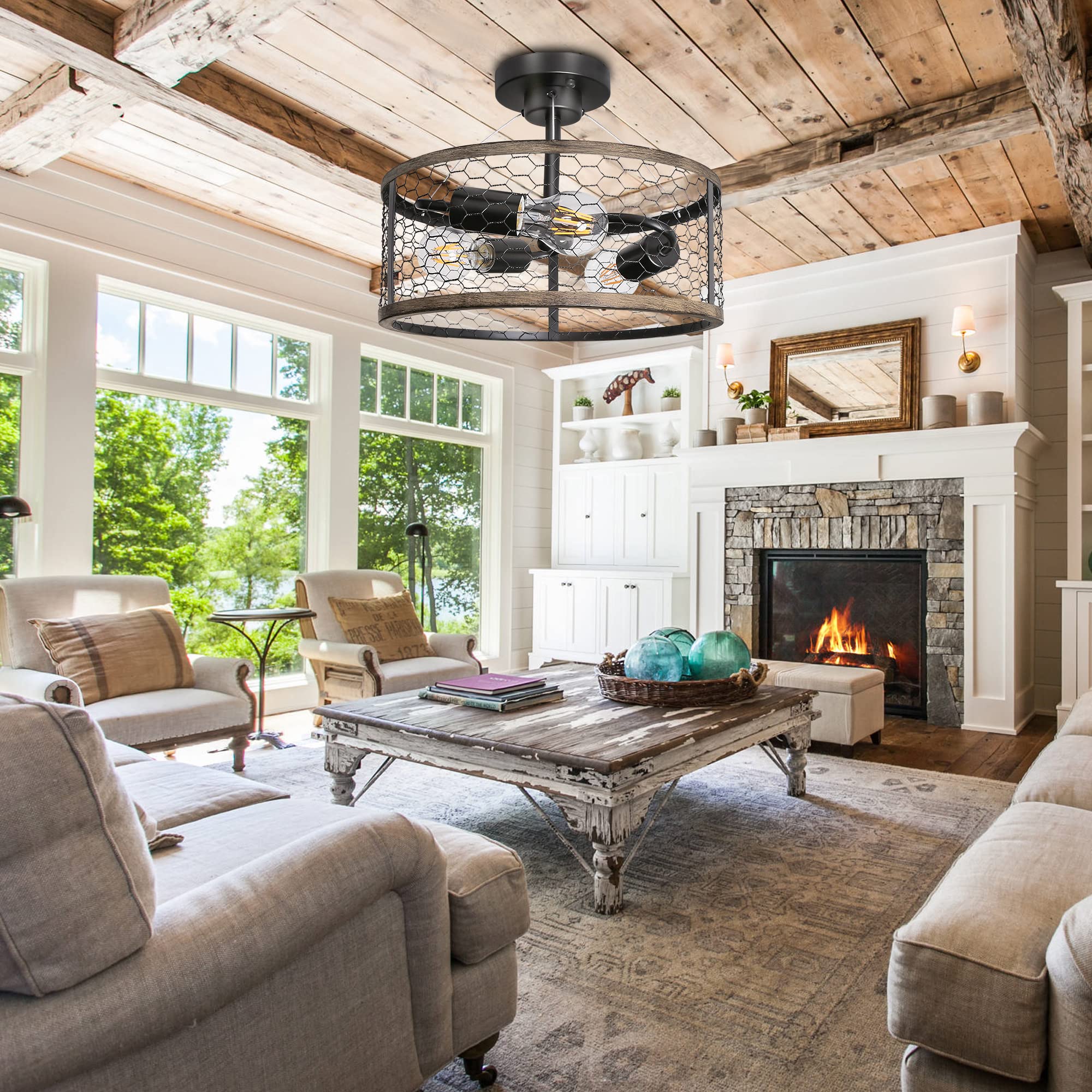 Rustic Ceiling Light Fixture 3-light,Farmhouse Cage Light Fixtures ,Chandeliers