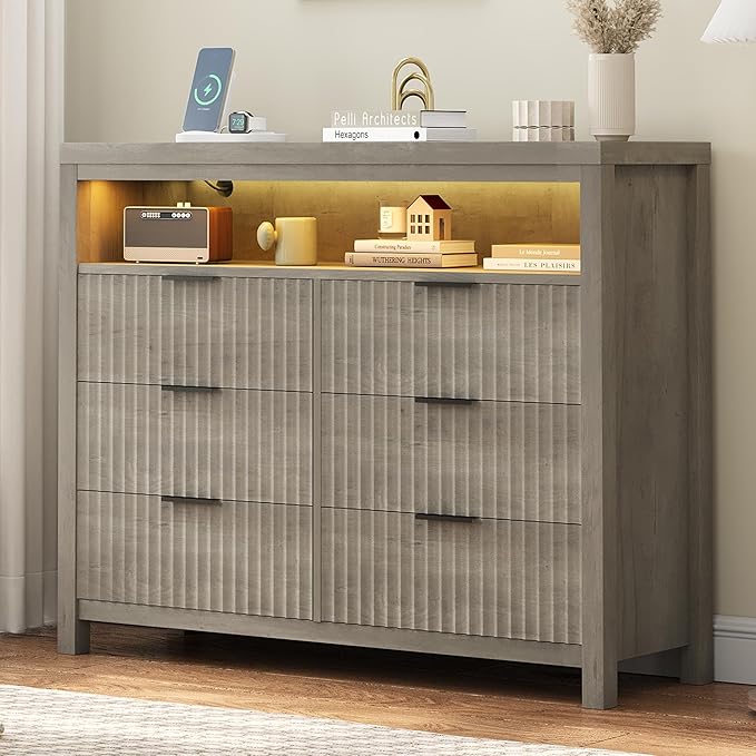 Fluted 6 Drawer Dresser with Power Outlet and LED Lights,Modern Chest of Drawers