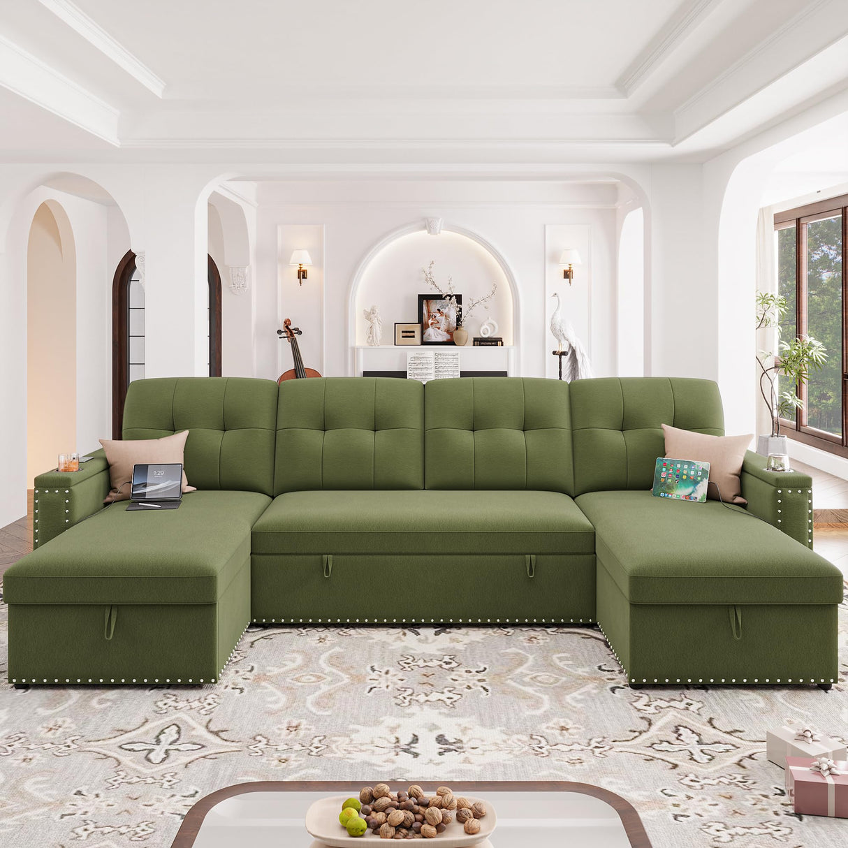 112" U-Shaped Pull-Out Sleeper Sofa with LED, USB, Storage – Green