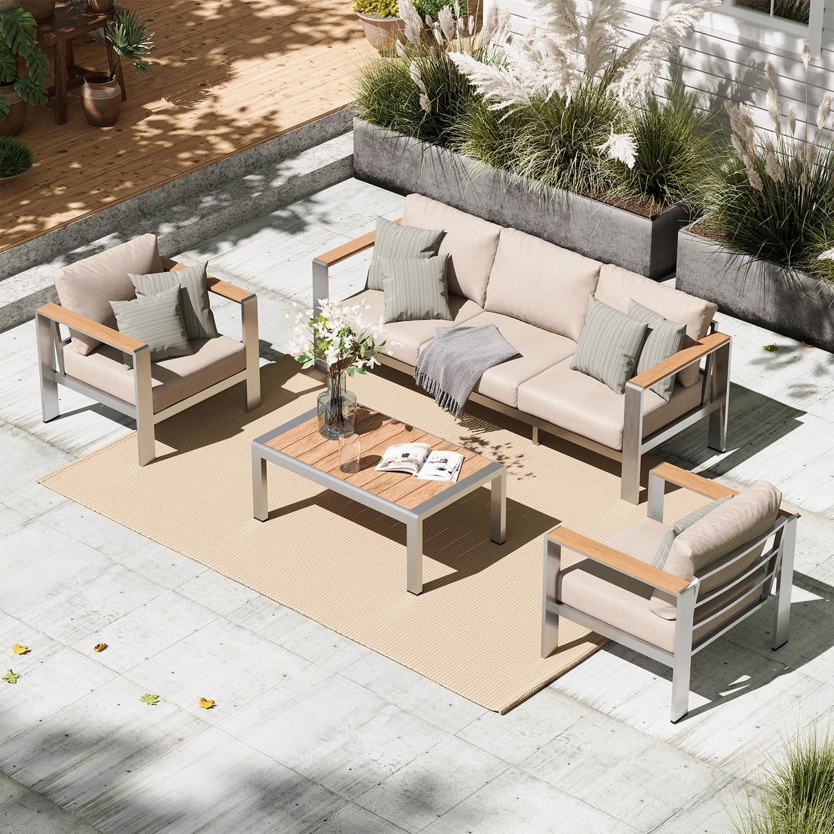 Aluminum Outdoor Patio Furniture Set with Coffee Table, 4 Piece Patio Conversation Sets