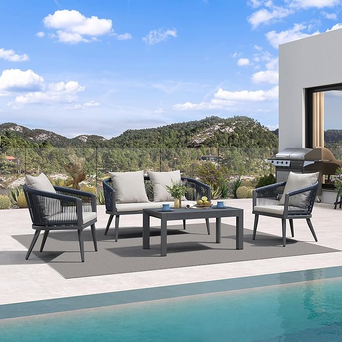 4-Piece Wicker Patio Conversation Set Aluminum Rattan Sofa Patio Furniture Set