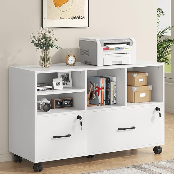 2 Drawer Wood Mobile Large Lateral File Cabinet with Lock, Lockable Rolling Filing Cabinet with Storage Shelves,