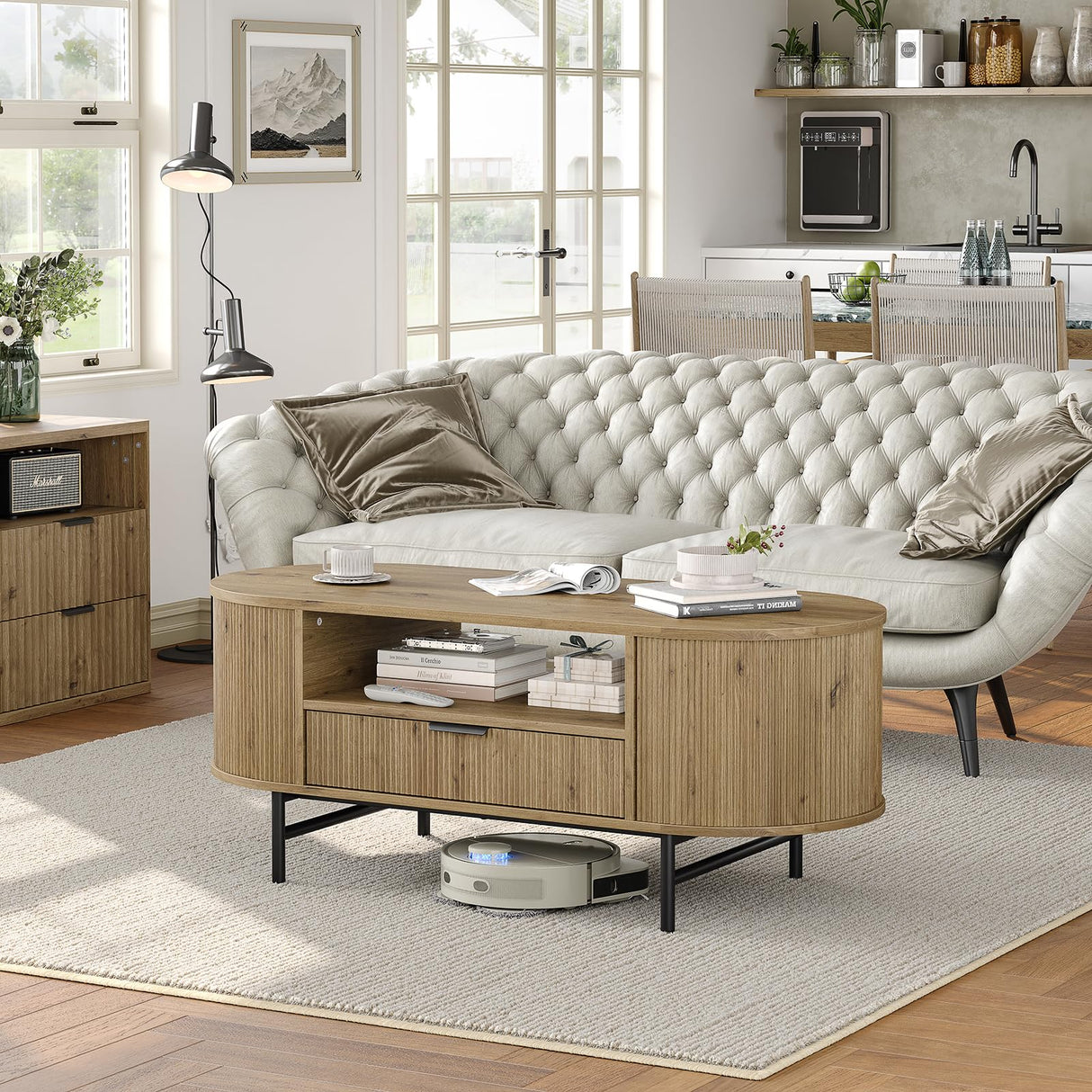 47.3'' Fluted Coffee Table with Storage, Oval Round Coffee Table