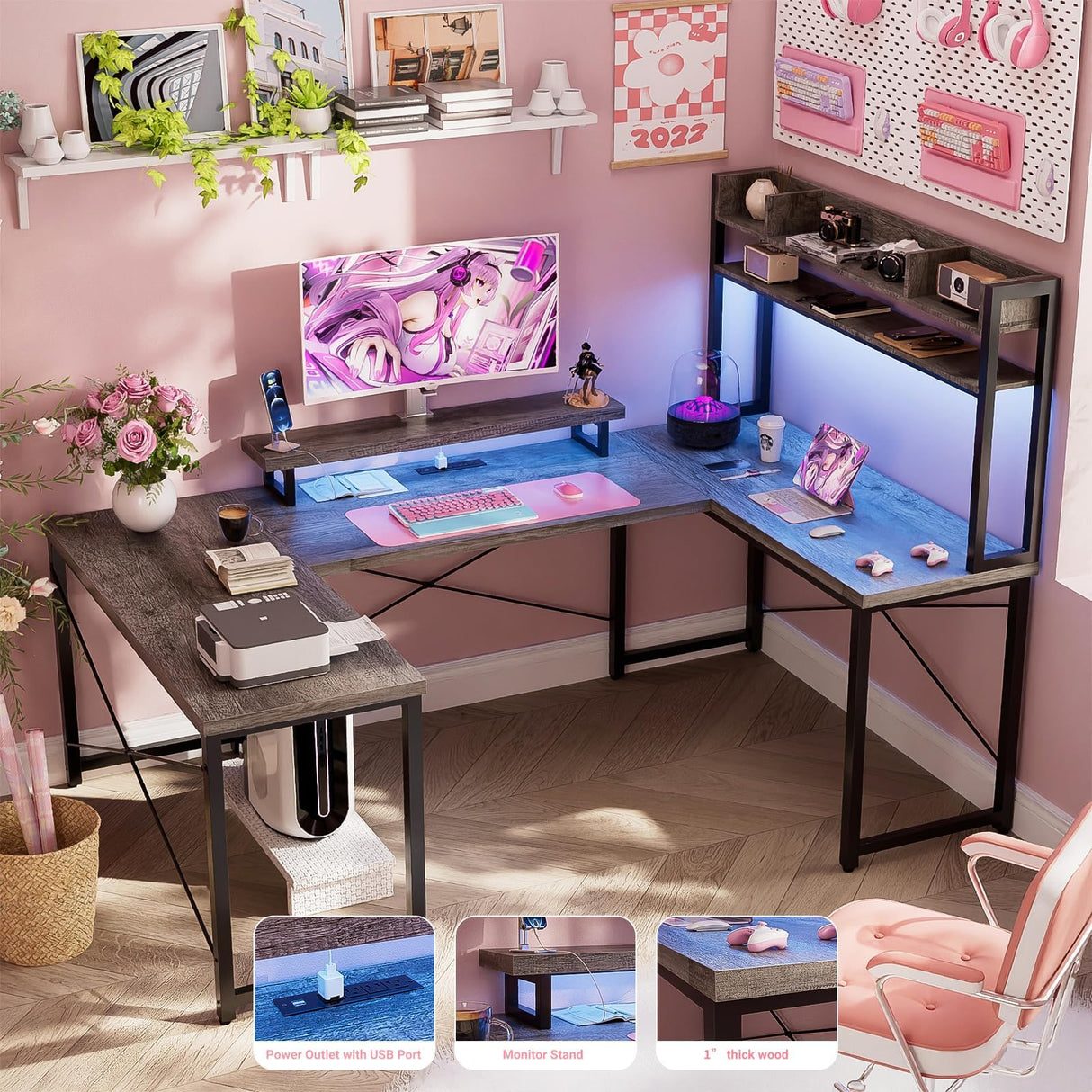 DIY U Shaped Computer Desk with Hutch, Reversible L Shaped Office Desks