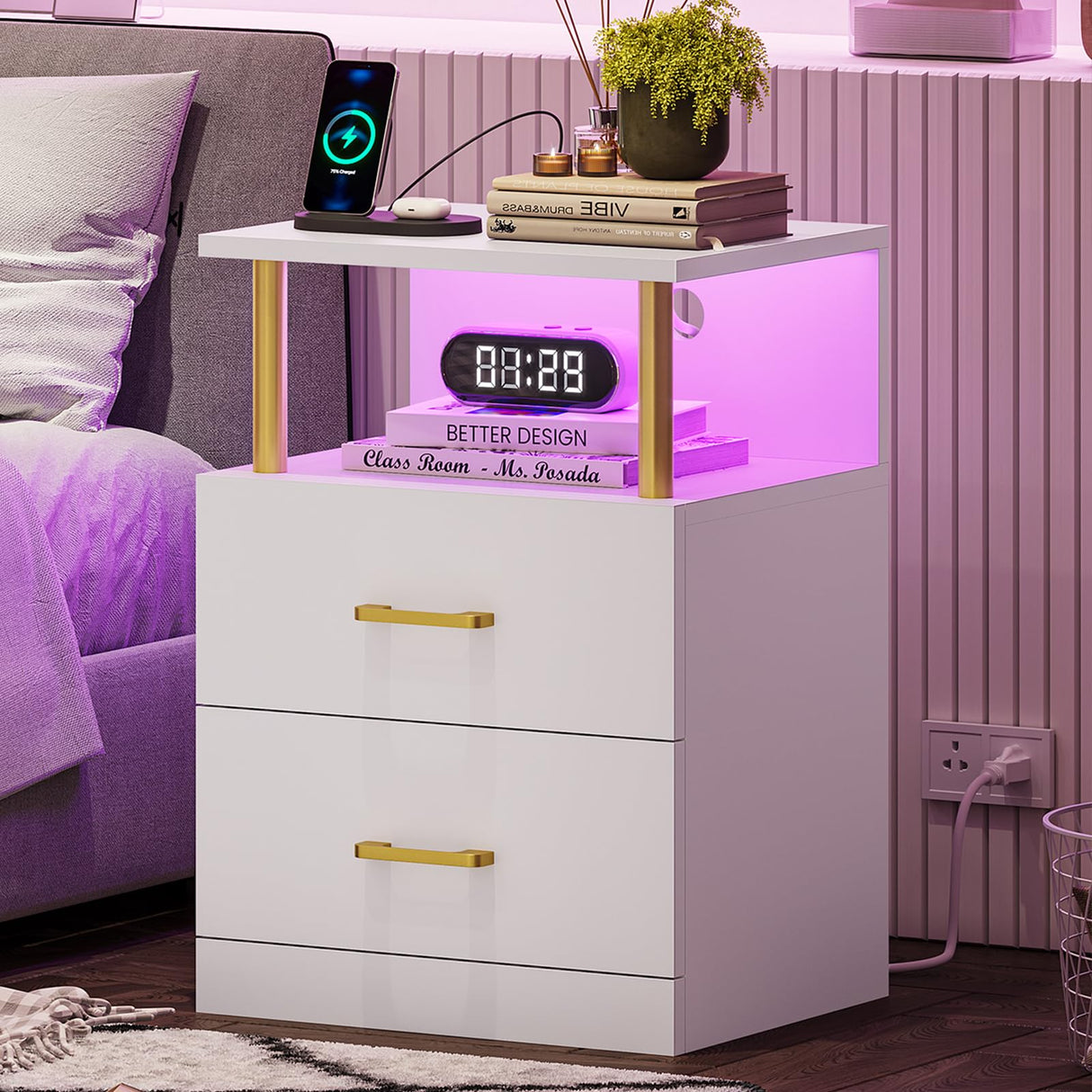 Night Stand with Charging Station and USB Ports, White Night Stand with 2 Drawers