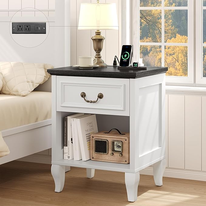 with Charging Station, Farmhouse Nightstands with Drawer & Open Storage Shelf
