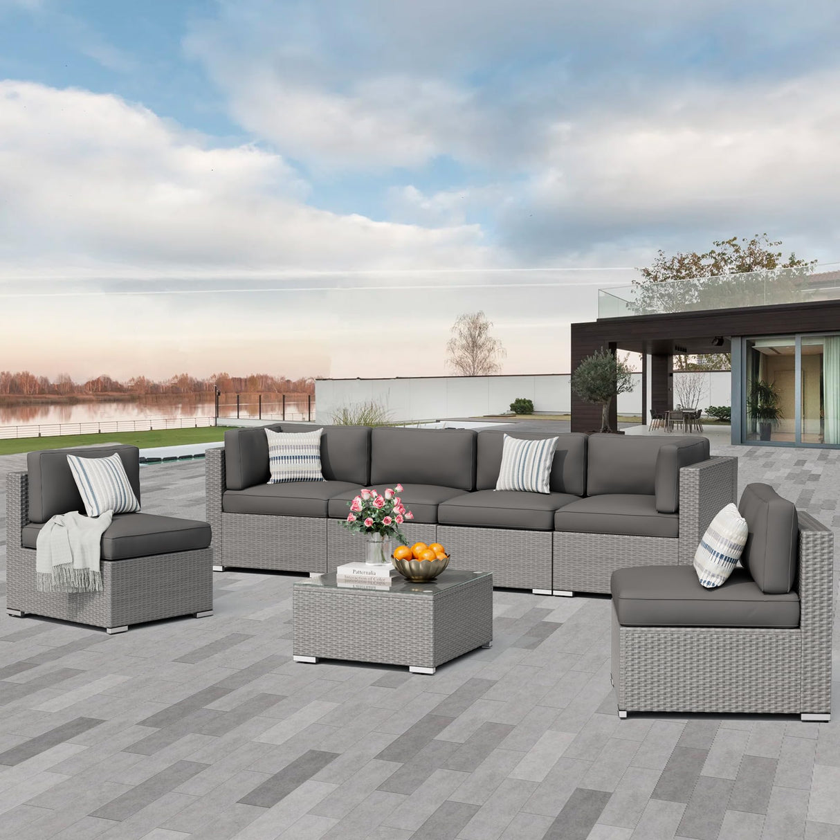 7 Piece Outdoor Sectional Sofa Patio Furniture Set, All-Weather PE Grey Wicker Patio Conversation Set