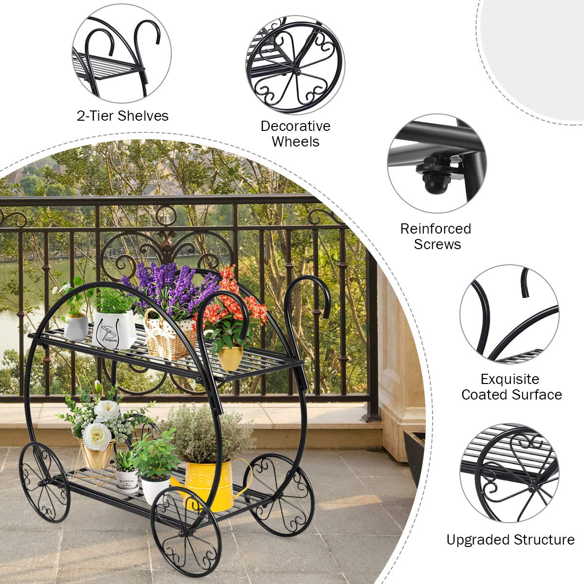 Elegant 2-Tier Garden Cart with Decorative Wheels