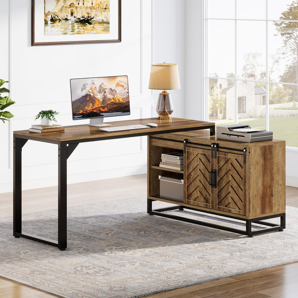 L-Shaped Computer Desk with Cabinet, 53-Inch Farmhouse Corner Desk with Sliding