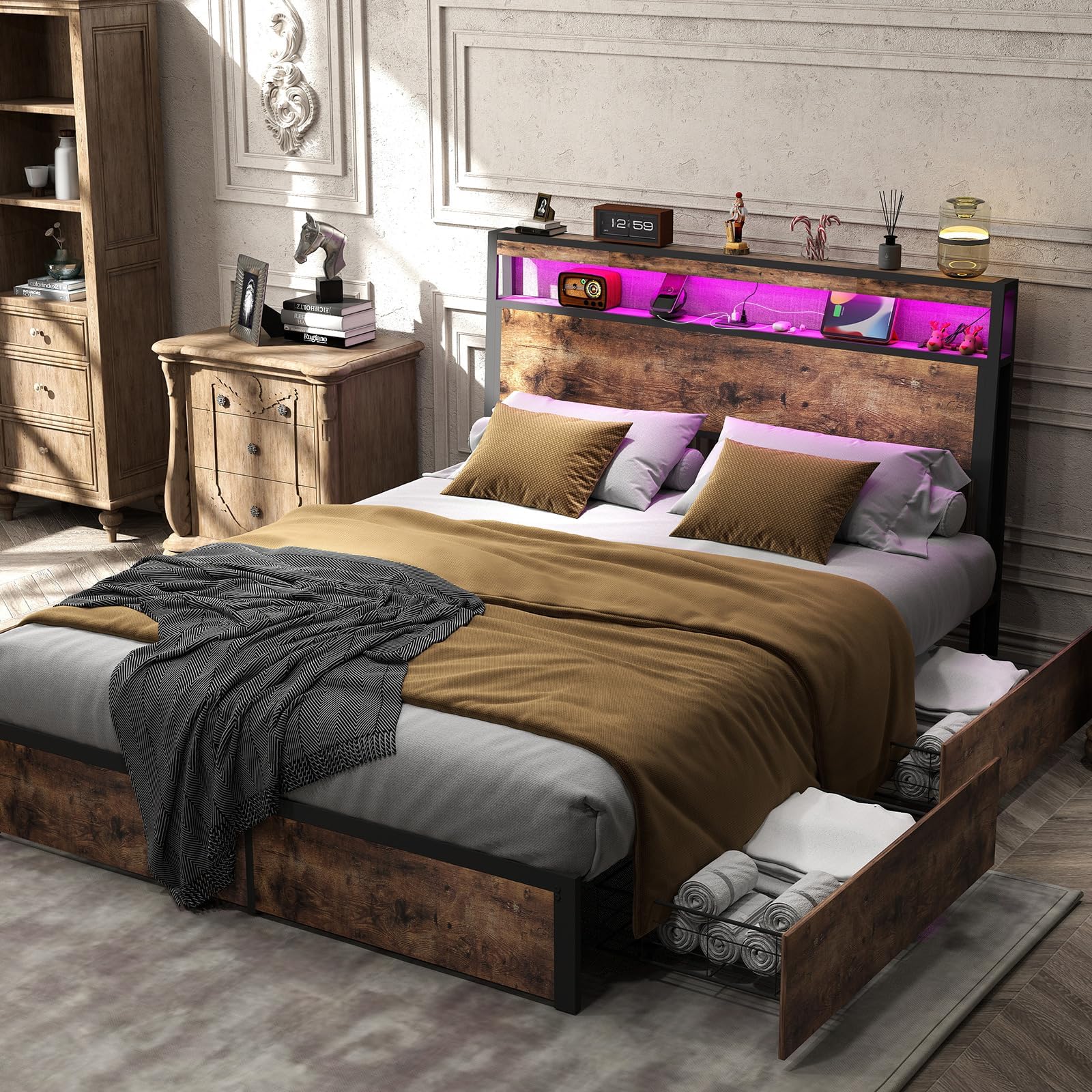 Queen Size Bed Frame with 4 Storage Drawers and Headboard with Charging Station and LED Lights