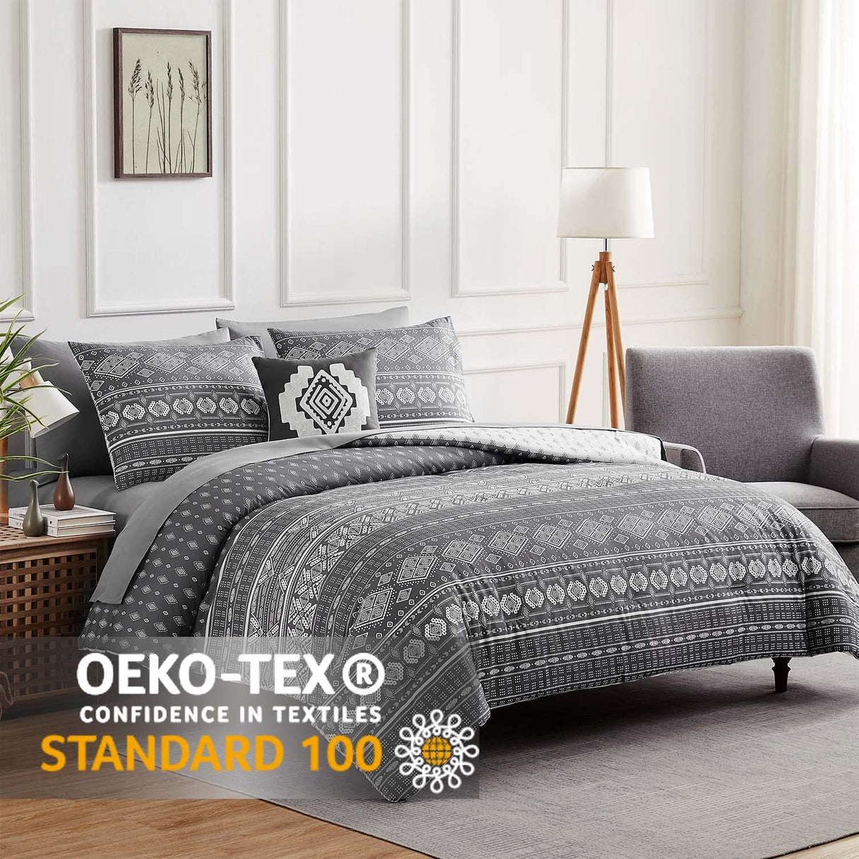 Queen Comforter Set, Boho Bed in a Bag 7PCS, Grey Reversible Aztec Pattern,
