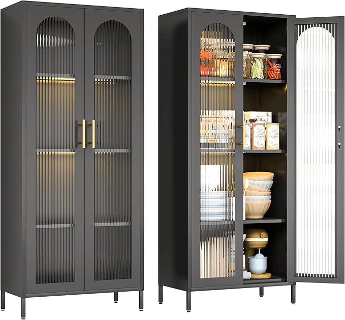 Kitchen Storage Cabinets,Black Storage Cabinet with Glass Doors and Shelves