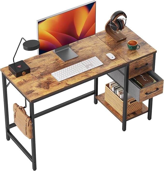 Computer Desk with 2 Drawers, 40 Inch Small Home Office Desk Study Writing Table, Rustic Brown