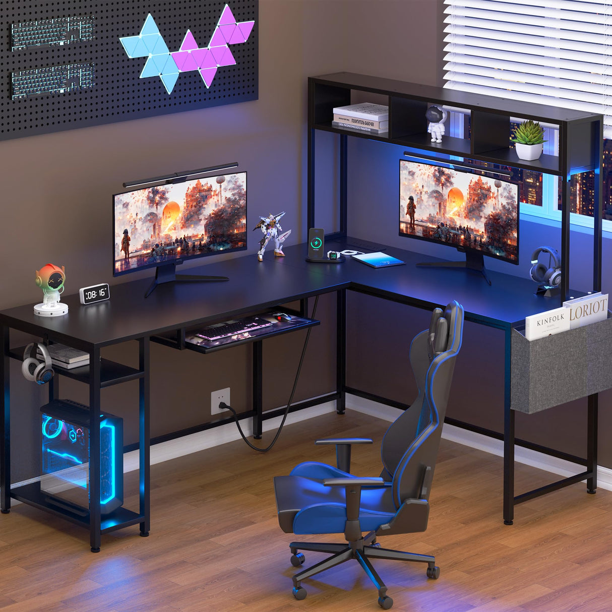 66" L Shaped Home Office Desk, Reversible Gaming Desk with LED Lights